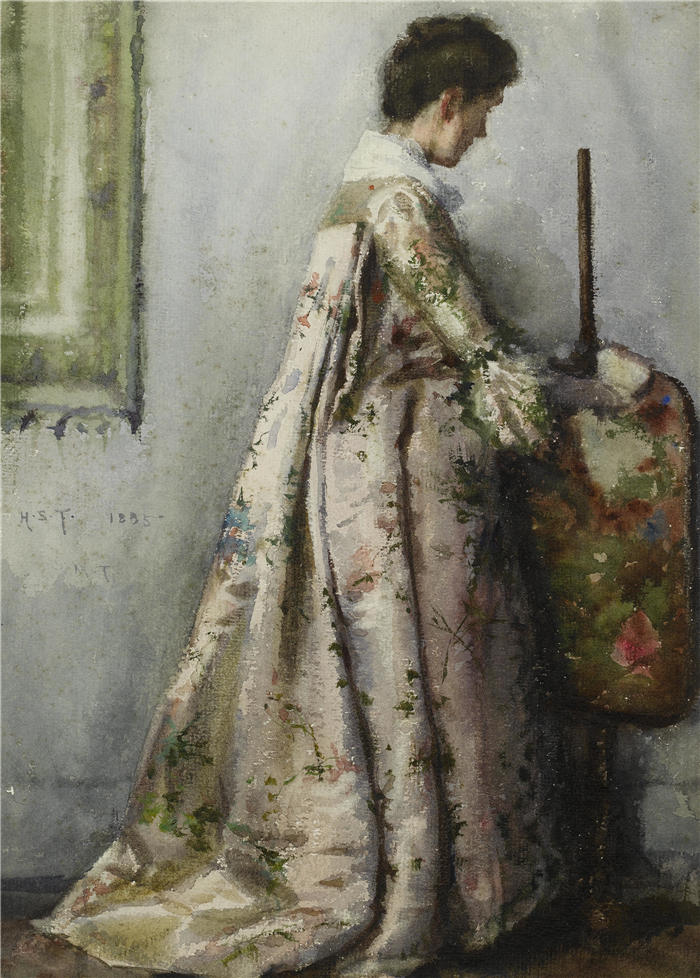 亨利·斯科特·图克（Henry Scott Tuke，英国画家）高清作品-《丝绸礼服，玛丽亚·图克·塞恩斯伯里的肖像》