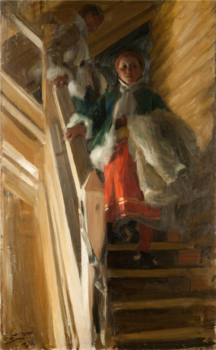 安德斯·佐恩（Anders Zorn，瑞典画家）高清作品-《在阁楼楼梯上（1898 年）》