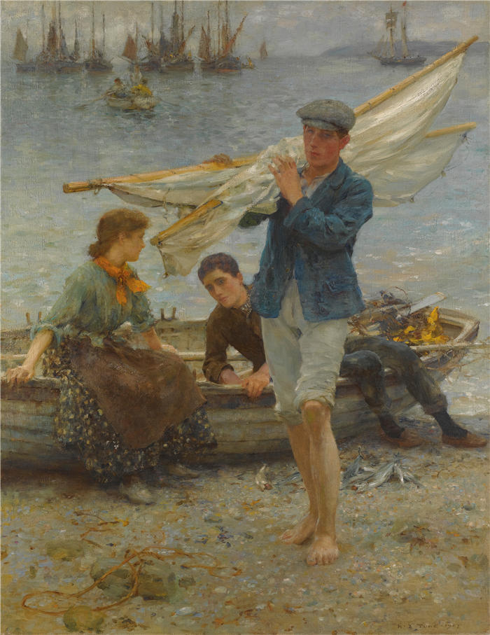 亨利·斯科特·图克（Henry Scott Tuke，英国画家）高清作品-《钓鱼归来（1907）》