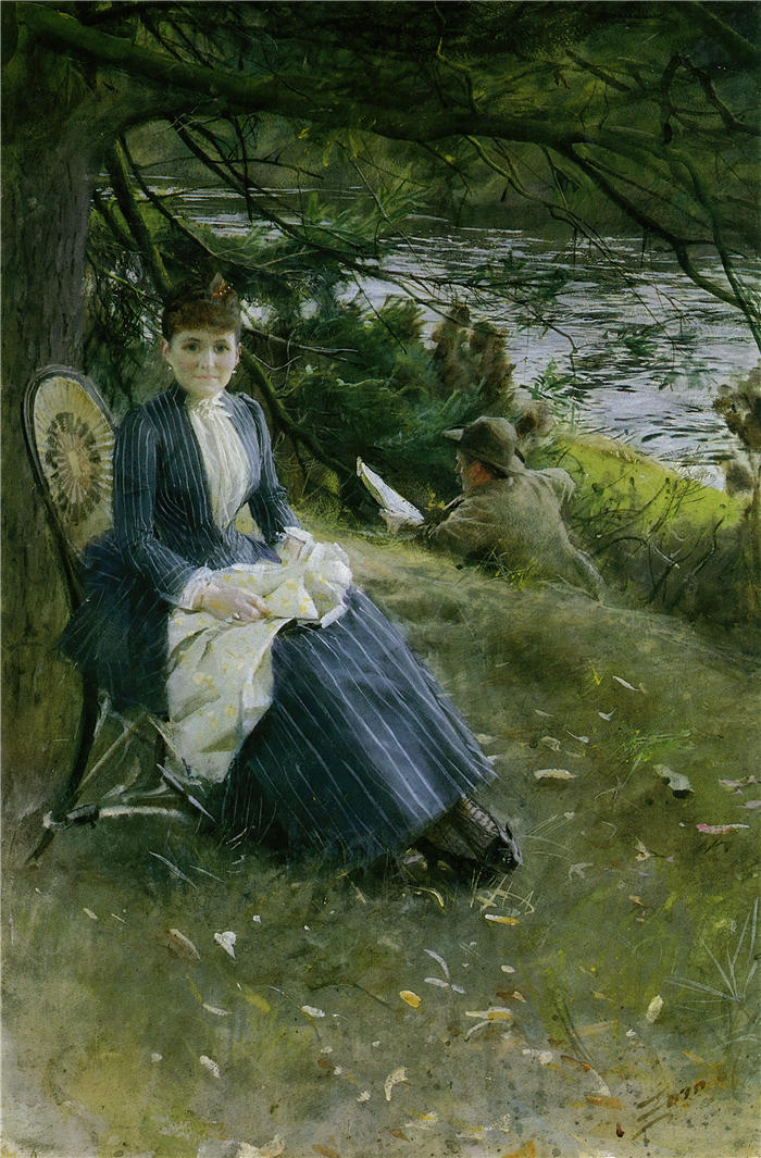 安德斯·佐恩(Anders Zorn,瑞典画家)高清作品-《在苏格兰(西蒙斯夫人)(1887 年)》