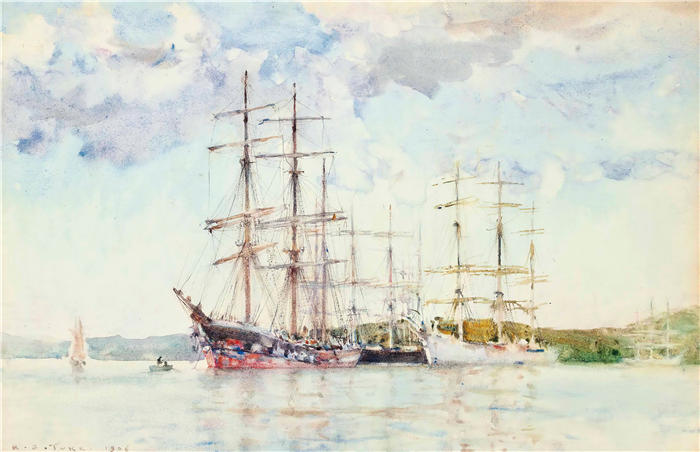 亨利·斯科特·图克（Henry Scott Tuke，英国画家）高清作品-《卡里克路锚点的风帆船（1906 年）》