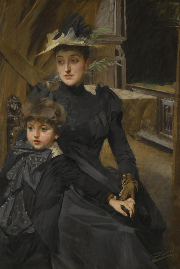 安德斯·佐恩（Anders Zorn，瑞典画家）高清作品-《Fru Weguelin Med Son (韦格林夫人和她的儿子) (1889)》