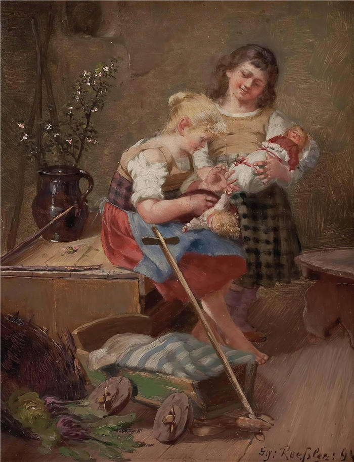 格奥尔格·罗斯勒（Georg Rössler，德国画家）高清作品-《两个带娃娃的女孩 (1894)》