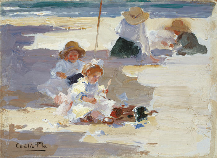 塞西里奥·普拉伊·加拉多（Cecilio Plá y Gallardo，西班牙画家）作品-《在沙滩上玩耍》