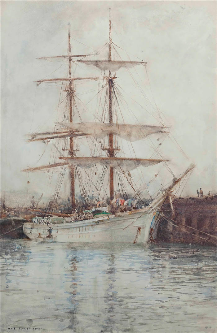 亨利·斯科特·图克（Henry Scott Tuke，英国画家）高清作品-《停泊在法尔茅斯港的 Windjammer（1908 年）》