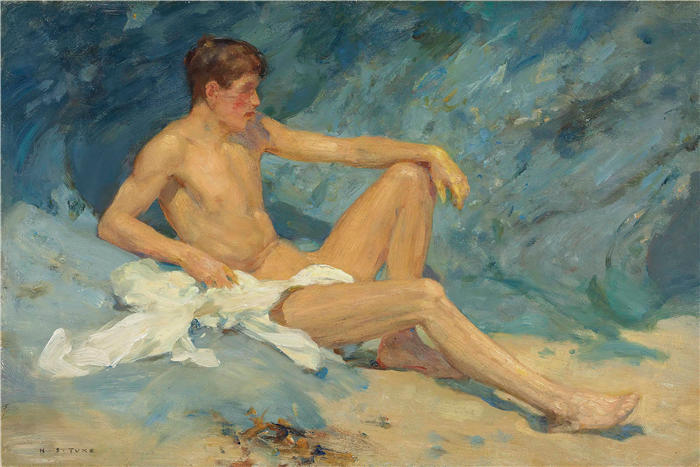 亨利·斯科特·图克（Henry Scott Tuke，英国画家）高清作品-《斜倚在岩石上的男性裸体》