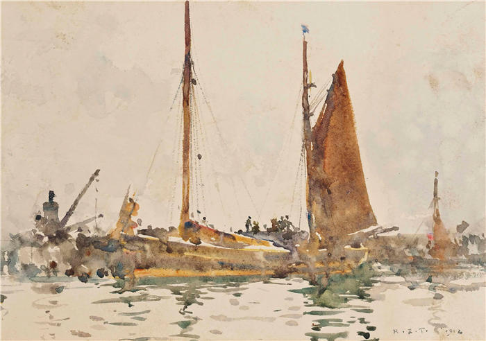 亨利·斯科特·图克（Henry Scott Tuke，英国画家）高清作品-《停泊在法尔茅斯的洛斯托夫特渔船（1914 年）》