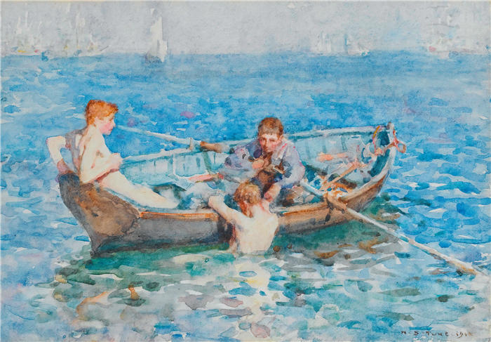 亨利·斯科特·图克（Henry Scott Tuke，英国画家）高清作品-《学习八月蓝 (1911)》