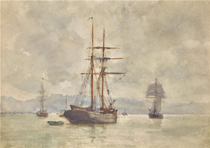 亨利·斯科特·图克（Henry Scott Tuke，英国画家）高清作品-《在锚的帆船》