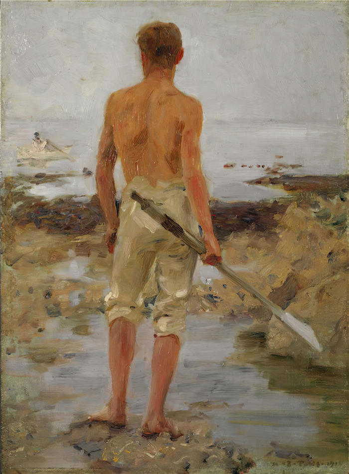 亨利·斯科特·图克（Henry Scott Tuke，英国画家）高清作品-《一个有桨的男孩（1910）》