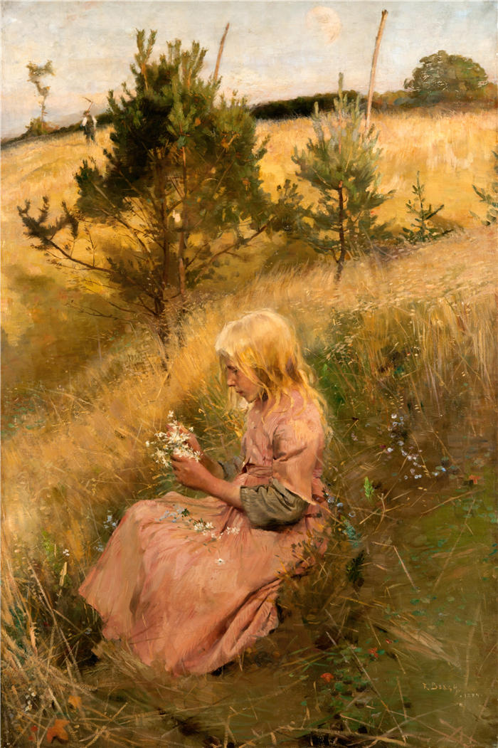 斯文·理查德·伯格（Sven Richard Bergh，瑞典画家）高清作品-《采花的少女 (1884)》