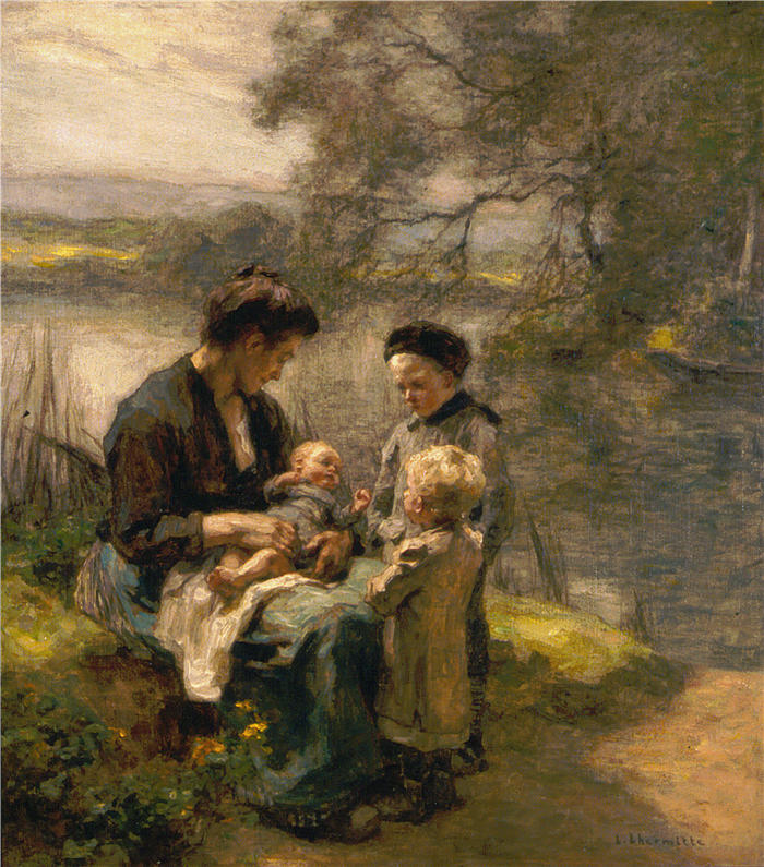 莱昂·奥古斯丁·莱尔米特（Léon Augustin Lhermitte，法国画家）高清作品-《有孩子和两个孩子的女人（19 世纪末至 20 世纪初）》