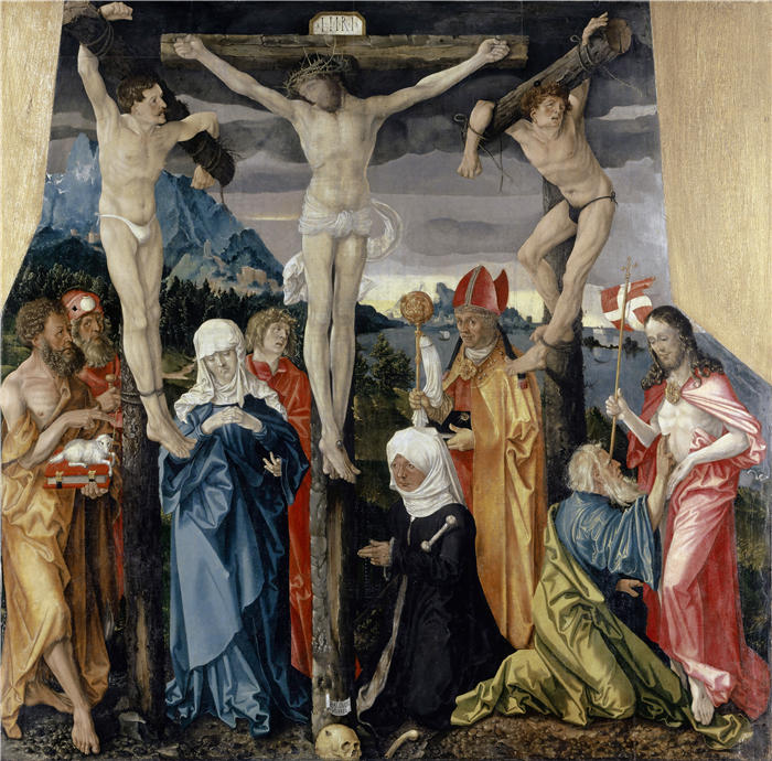 汉斯·鲍登（Hans Baldung，德国画家）高清作品-《基督与盗贼、圣徒和女性捐赠者同钉十字架（1512 年）》