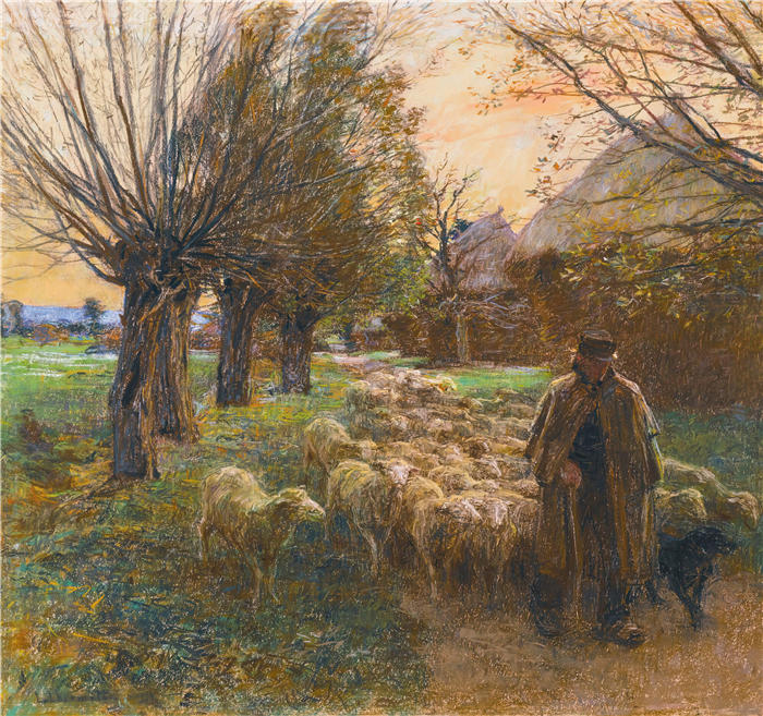 莱昂·奥古斯丁·莱尔米特（Léon Augustin Lhermitte，法国画家）高清作品-《晚上牧羊人和他的羊群》