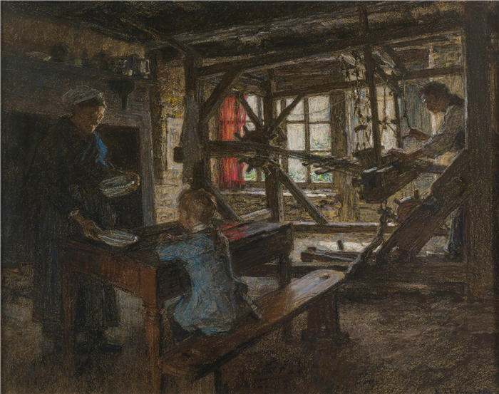 莱昂·奥古斯丁·莱尔米特(Léon Augustin Lhermitte,法国画家)高清作品-《小屋内部的人物》