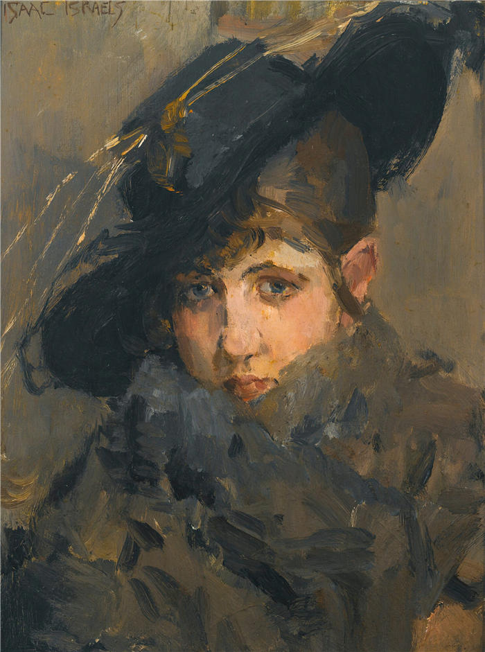伊萨克·拉扎鲁斯·伊斯拉尔斯(Isaac Lazarus Israëls,荷兰画家)高清作品-《一位戴着毛领帽子的女士》