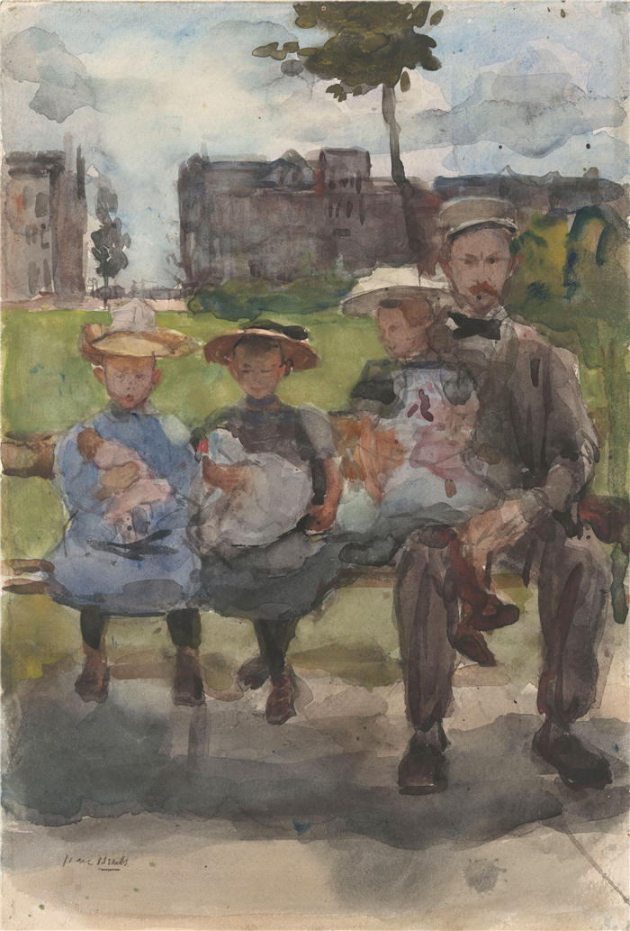 伊萨克·拉扎鲁斯·伊斯拉尔斯(Isaac Lazarus Israëls，荷兰画家)高清作品-《阿姆斯特丹奥斯特公园长椅上的三个女孩的男人（c. 1886 - c. 1904）》