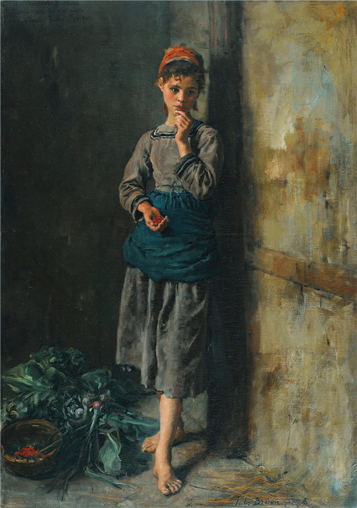 朱尔斯·布雷顿（Jules Breton，法国画家）高清作品-《小女孩吃樱桃 1876》