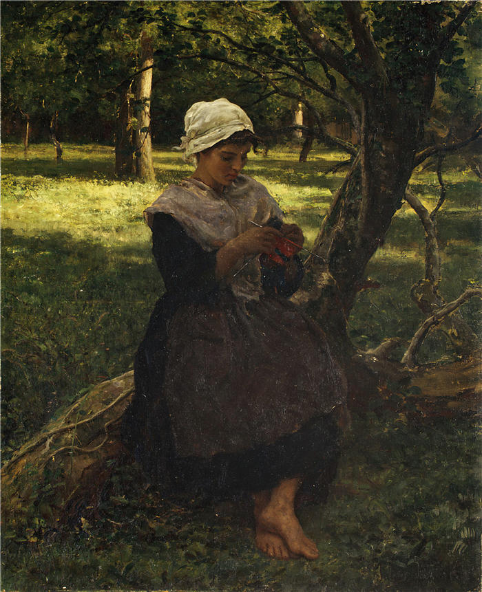 朱尔斯·布雷顿（Jules Breton，法国画家）高清作品-《织毛衣的农家女（约 1870 年）》