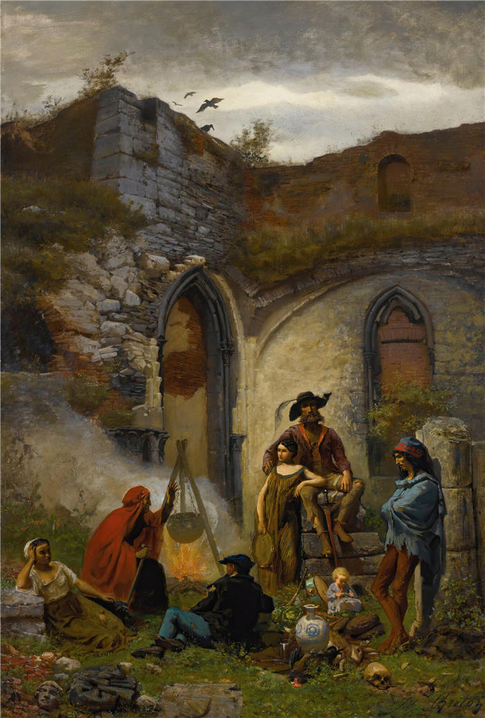 朱尔斯·布雷顿（Jules Breton，法国画家）高清作品-《波希米亚人在圣巴文修道院废墟中的营地》
