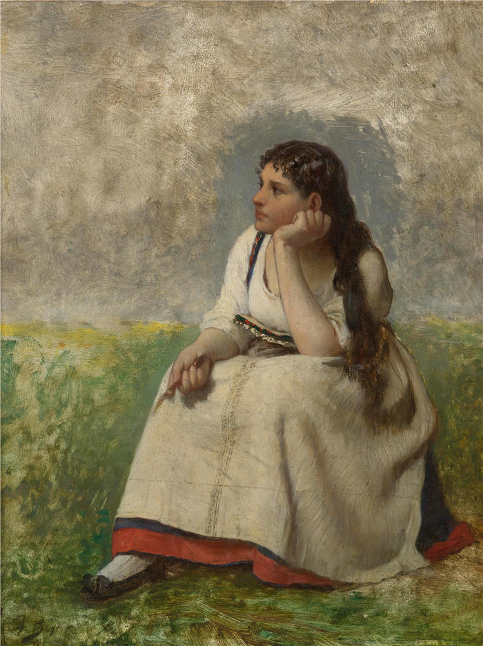 朱尔斯·布雷顿(Jules Breton,法国画家)高清作品-《Jeune Fille 沉思》