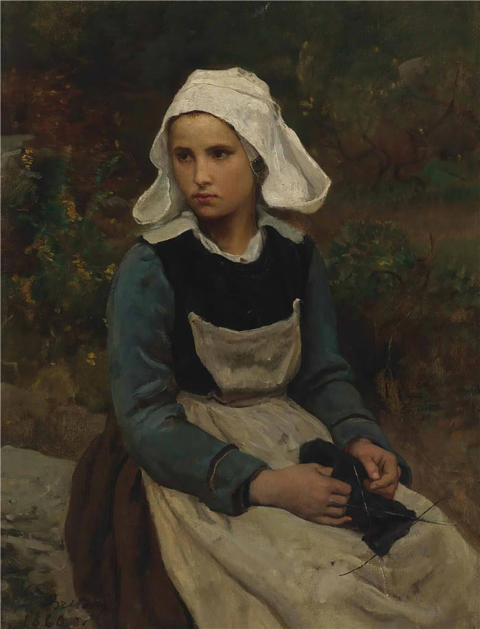 朱尔斯·布雷顿（Jules Breton，法国画家）高清作品-《年轻的布列塔尼女孩针织（1866 年）》