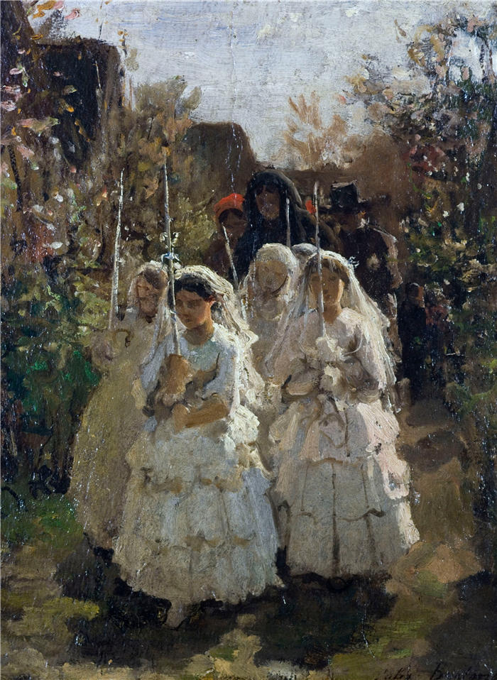 朱尔斯·布雷顿（Jules Breton，法国画家）高清作品-《皮带开关（1855）》