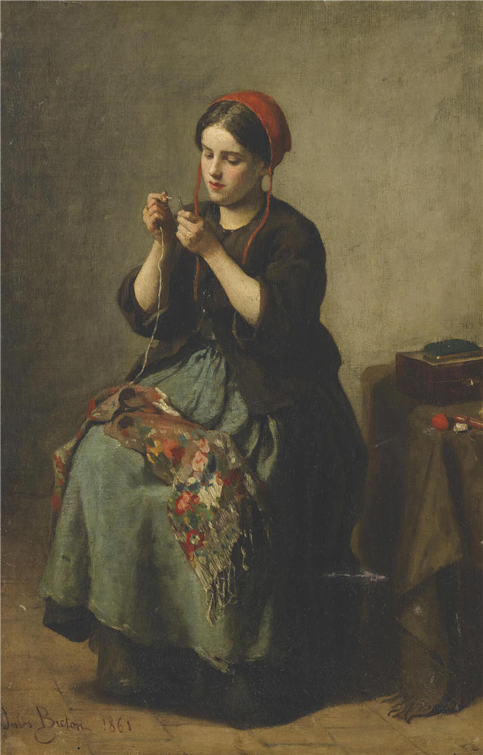朱尔斯·布雷顿（Jules Breton，法国画家）高清作品-《穿针引线的农妇（1861 年）》