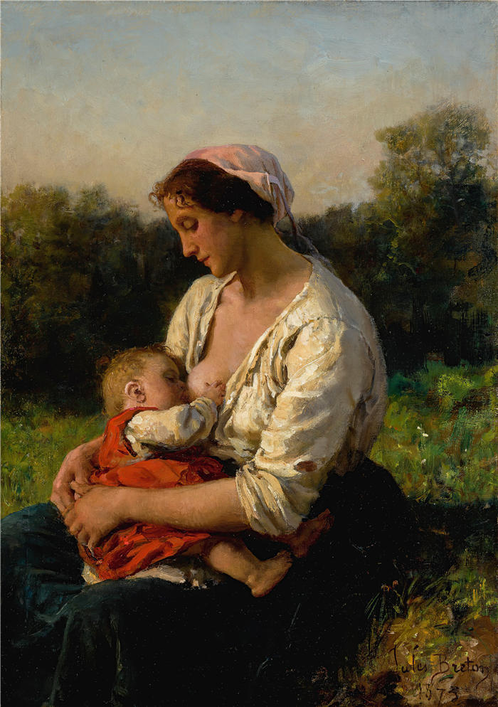 朱尔斯·布雷顿（Jules Breton，法国画家）高清作品-《给孩子喂奶的年轻母亲（1873年）》