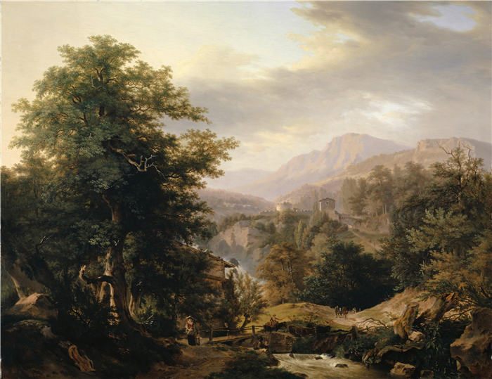沃尔夫冈·亚当·托普弗(Wolfgang-Adam Töpffer,瑞士画家)作品-《山景与员工人物和溪流(1801 年)》