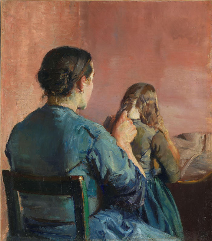 克里斯蒂安·克罗格（Christian Krohg，挪威画家）高清作品-《编辫子 (1888)》
