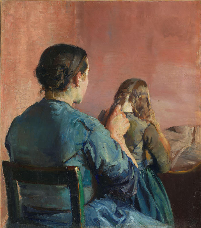 克里斯蒂安·克罗格(Christian Krohg,挪威画家)高清作品-《编辫子 (1888)》