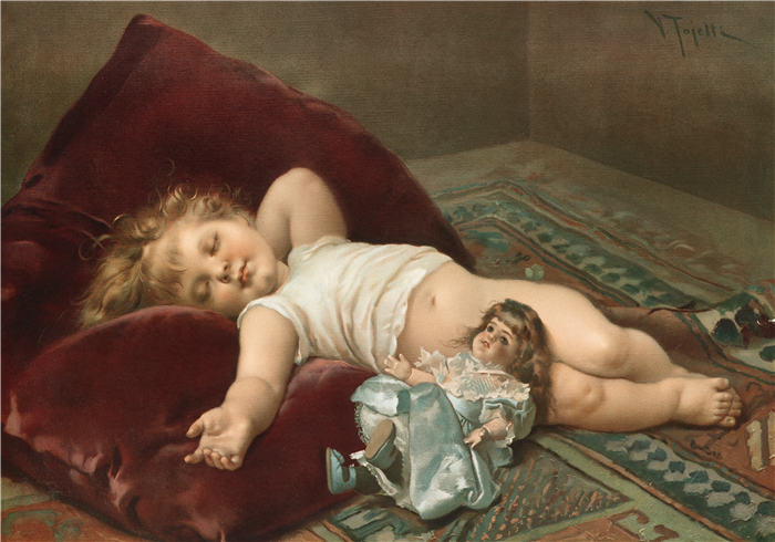 维吉里奥·托杰蒂（Virgilio Tojetti，意大利画家）高清作品-熟睡的婴儿（约 1861-1897 年）