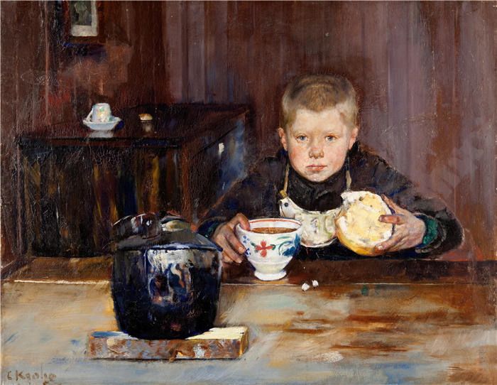 克里斯蒂安·克罗格（Christian Krohg，挪威画家）高清作品-《跑腿的男孩喝咖啡（1885）》