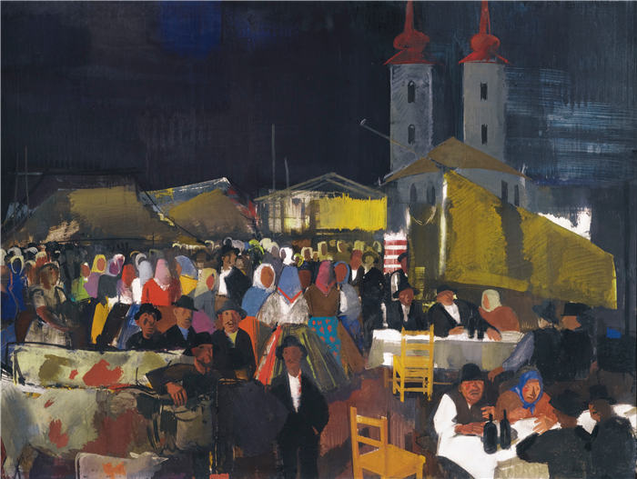 维尔莫斯·阿巴-诺瓦克 (Vilmos Aba-Novák，匈牙利画家)高清作品-《乡村市场上的人物》