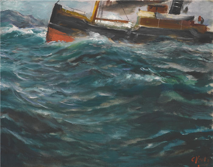 克里斯蒂安·克罗格（Christian Krohg，挪威画家）高清作品-《波涛汹涌的大海中的一艘船》