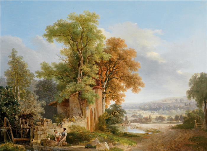 沃尔夫冈·亚当·托普弗(Wolfgang-Adam Töpffer,瑞士画家)作品-《在广阔的风景面前洗衣服》