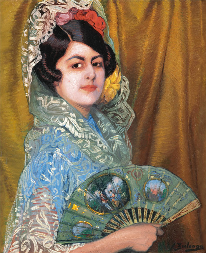 伊格纳西奥·祖洛加 (Ignacio Zuloaga，西班牙画家)高清作品-《带风扇的女士》