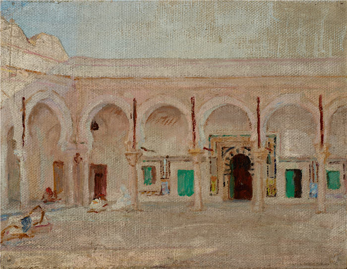 扬·恰格林斯基（Jan Ciągliński ，波兰画家）高清作品-《凯鲁万（宝剑清真寺的庭院）（1911 年）》