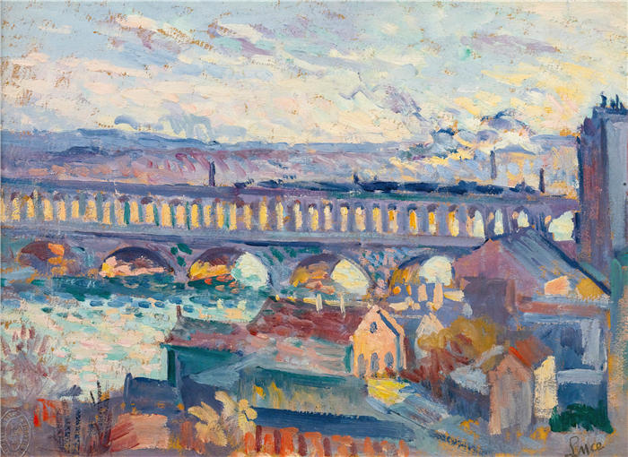 马克西米连·卢斯( Maximilien Luce,法国画家)高清作品-《Auteuil高架桥视图(约1905-10)》