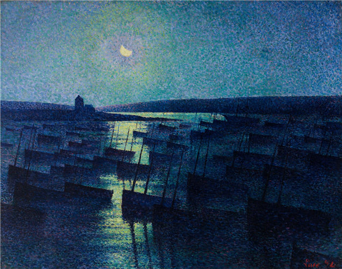 马克西米连·卢斯（ Maximilien Luce，法国画家）高清作品-《月光和渔船（1894）》