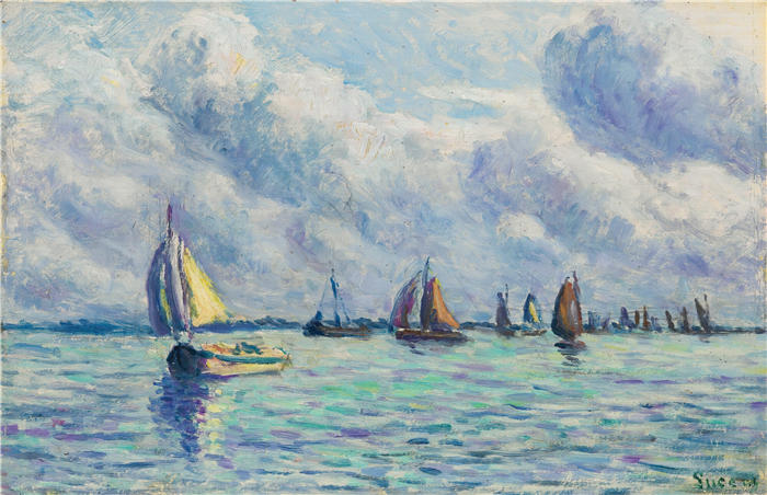 马克西米连·卢斯（ Maximilien Luce，法国画家）高清作品-《鹿特丹默兹河上的船只（1909年）》