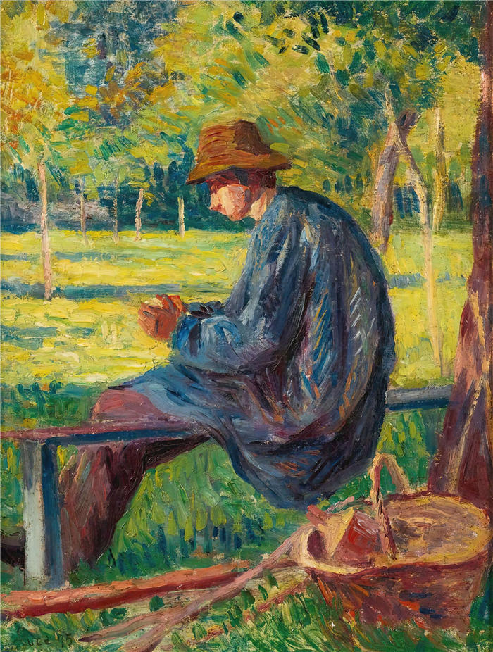 马克西米连·卢斯（ Maximilien Luce，法国画家）高清作品-《卢多维奇·罗多·皮萨罗在他父亲的花园里（1895年）》