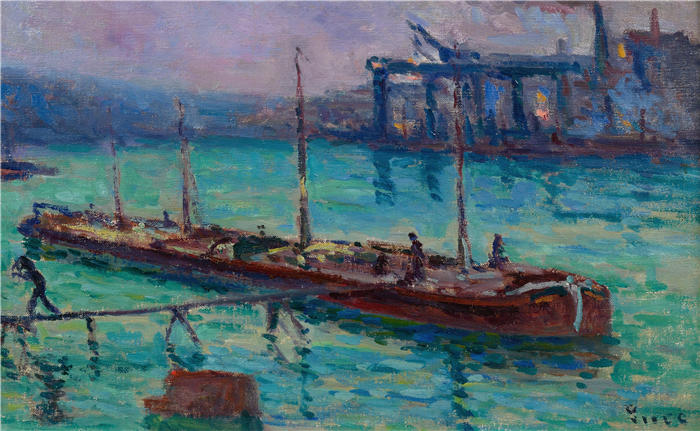 马克西米连·卢斯（ Maximilien Luce，法国画家）高清作品-《塞纳河畔的驳船（约1910年）》