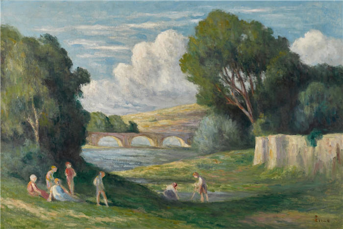 马克西米连·卢斯（ Maximilien Luce，法国画家）高清作品-《滑板车，塞纳河畔的游泳者（1930）》