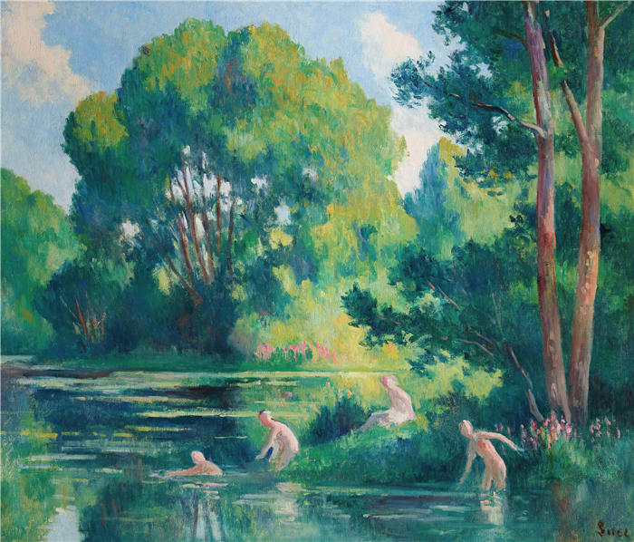 马克西米连·卢斯( Maximilien Luce,法国画家)高清作品-《滑板车,在塞纳河的小海湾里游泳(1920年》