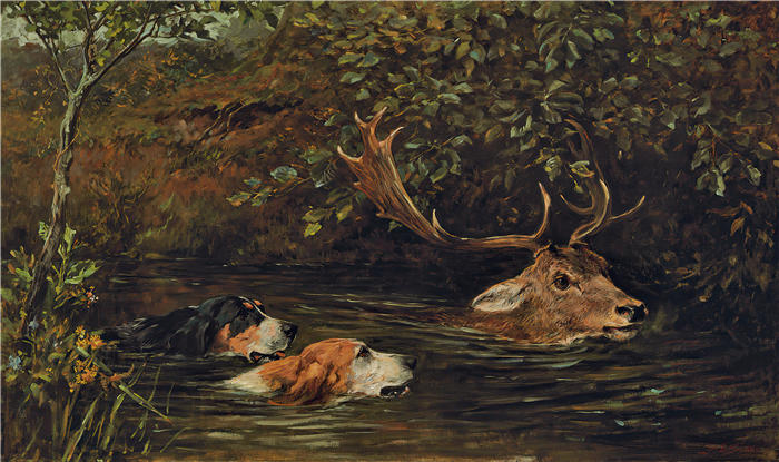 约翰·艾姆斯（John Emms，英国画家）高清作品-《海湾雄鹿 (1899)》