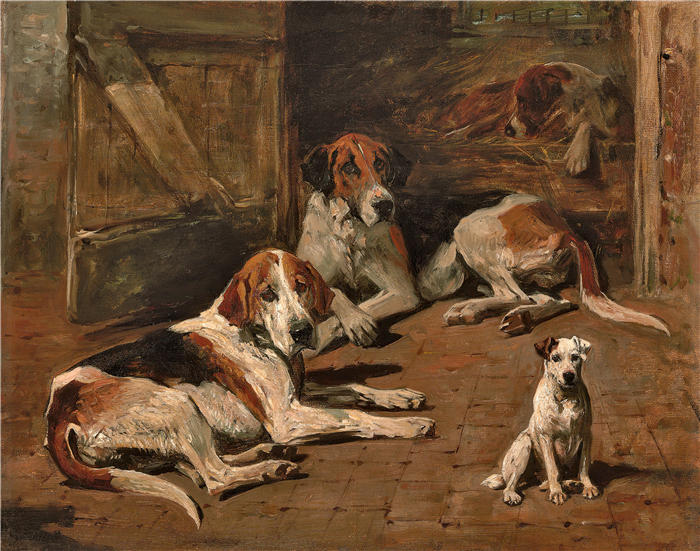约翰·艾姆斯（John Emms，英国画家）高清作品-《猎犬和梗犬在马厩》
