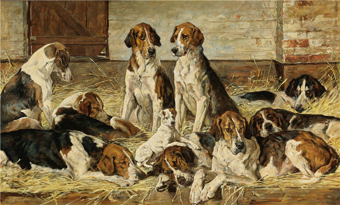 约翰·艾姆斯（John Emms，英国画家）高清作品-《休息的猎犬》