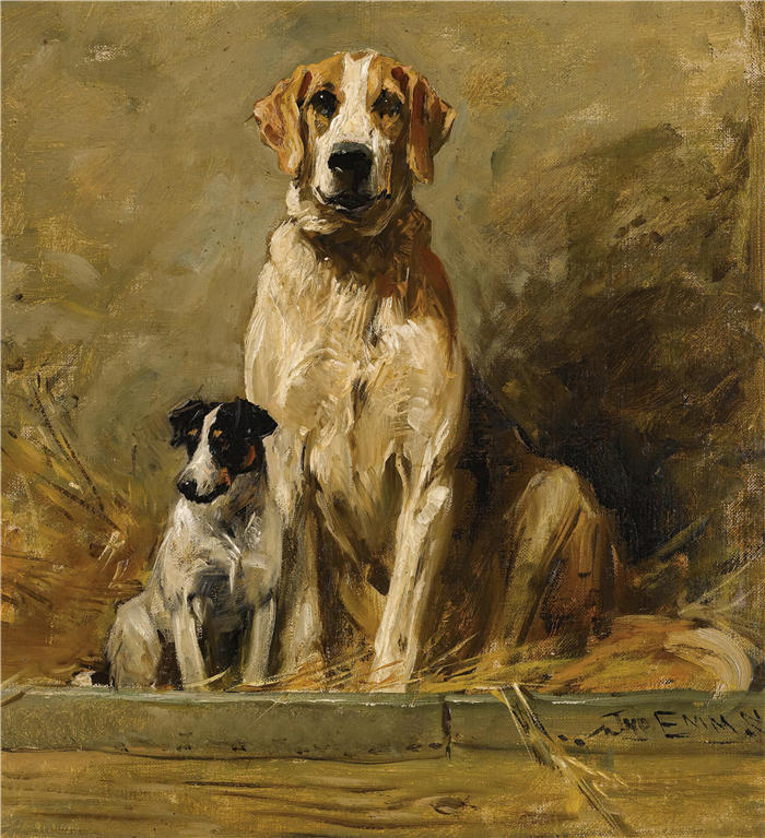 约翰·艾姆斯（John Emms，英国画家）高清作品-《狗窝里的猎犬和梗犬》